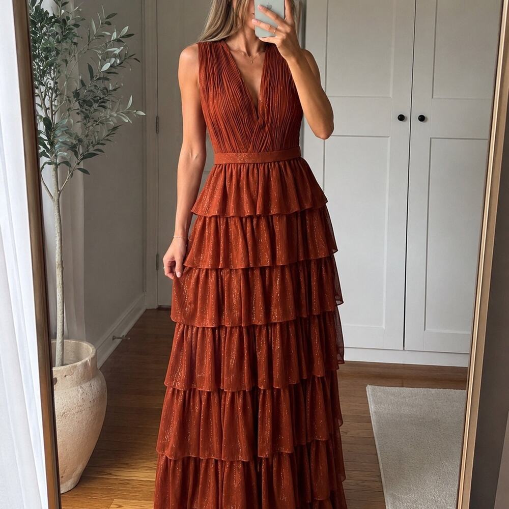 IEENA by Mac Duggal Rust Copper Metallic Tiered Ruffle Maxi Gown Size 4 NWT